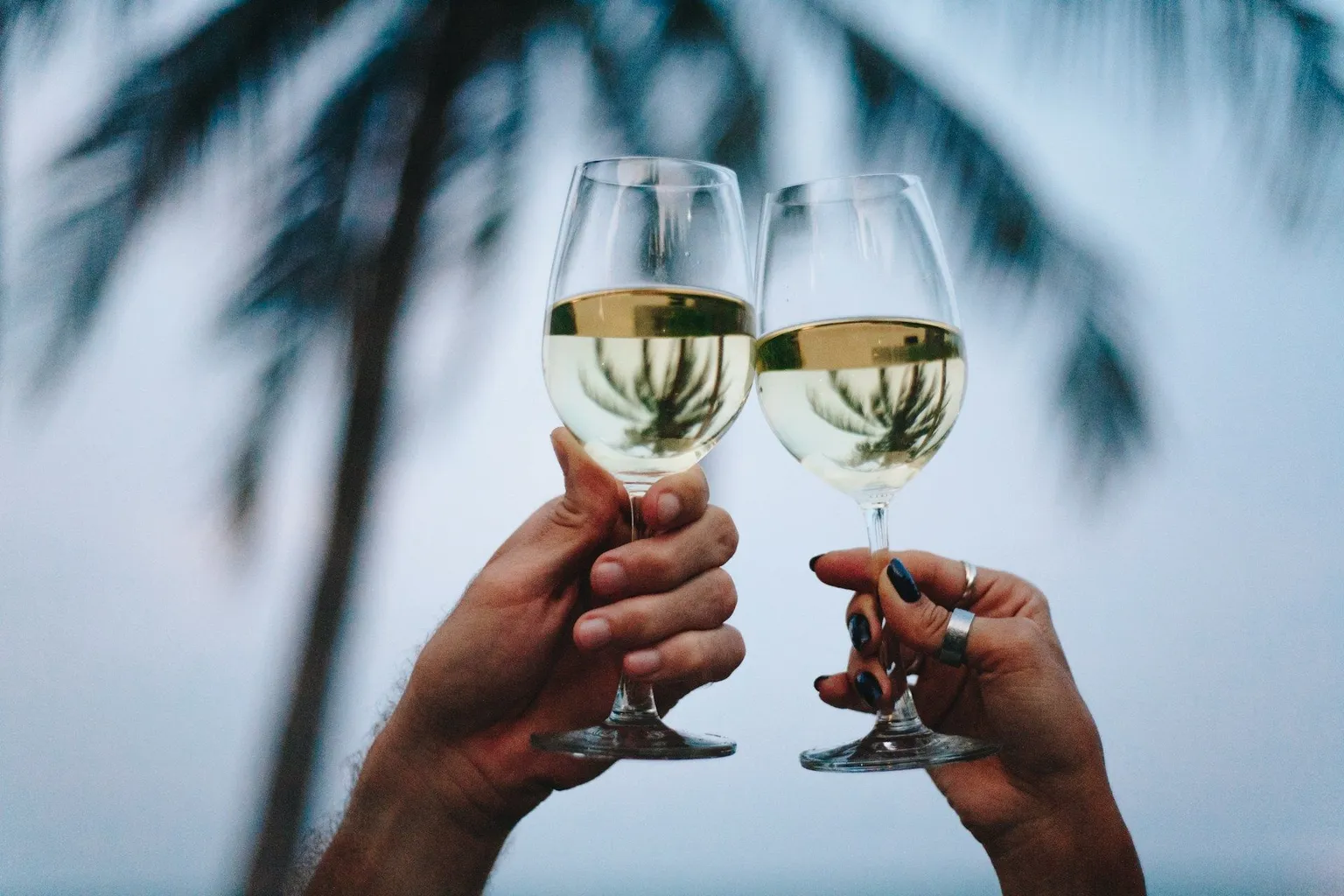 two hands cheering glasses filled with white wine