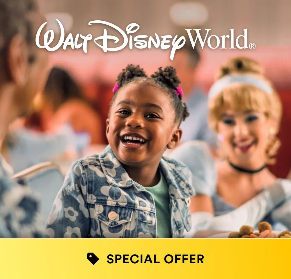 Smiling girl at a character dining experience with Cinderella at Walt Disney World, special offer banner below