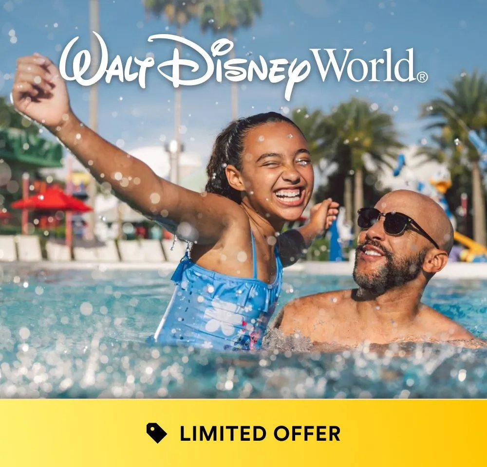 Father and daughter playing in a Walt Disney World resort pool with a limited offer banner