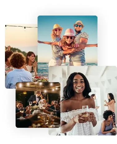 A collage of people enjoying different types of celebrations including a beach party, a family dinner, and a toast at a house gathering.