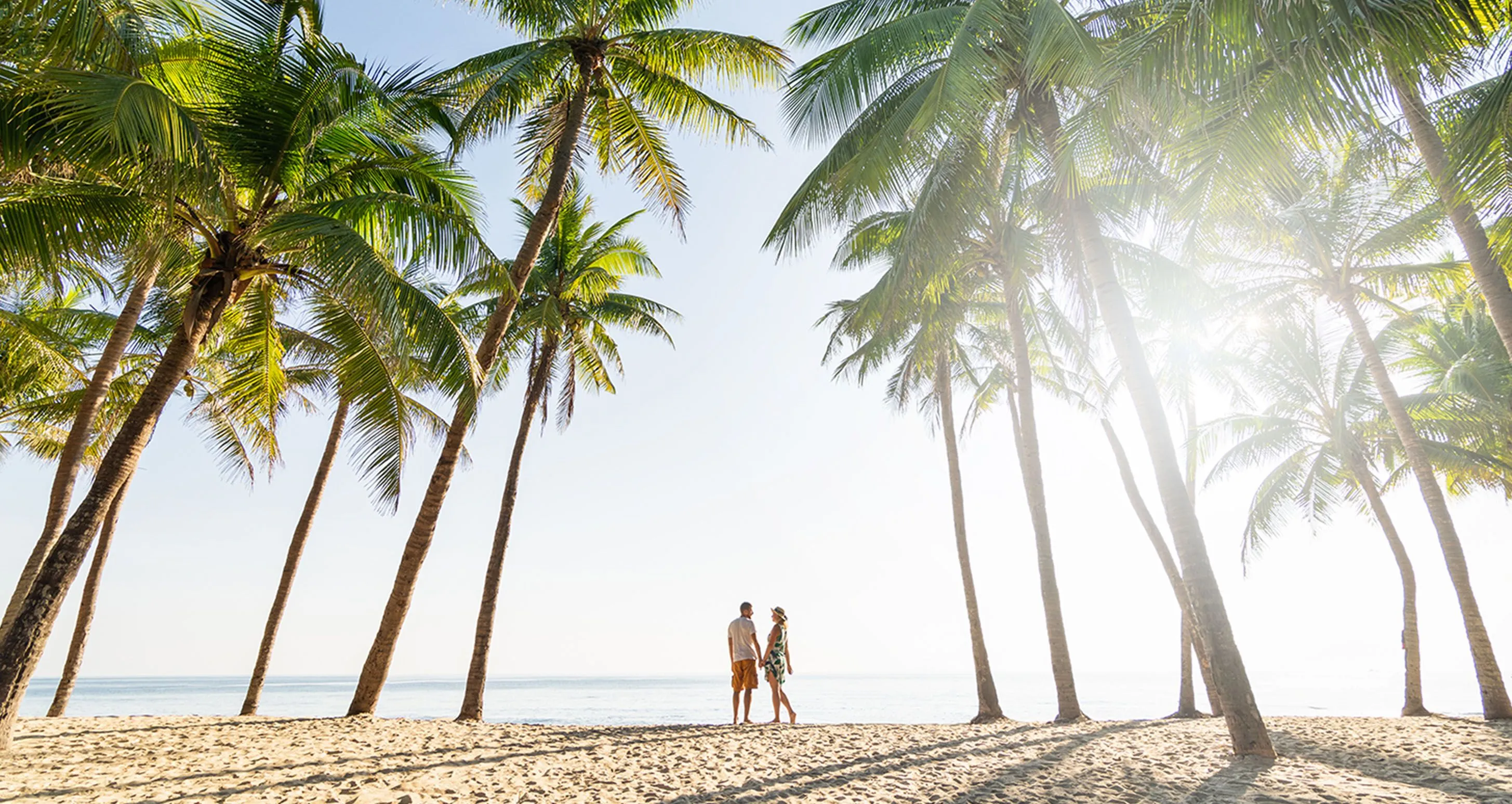 Couple standing on a sandy beach surrounded by tall palm trees under bright sunlight.