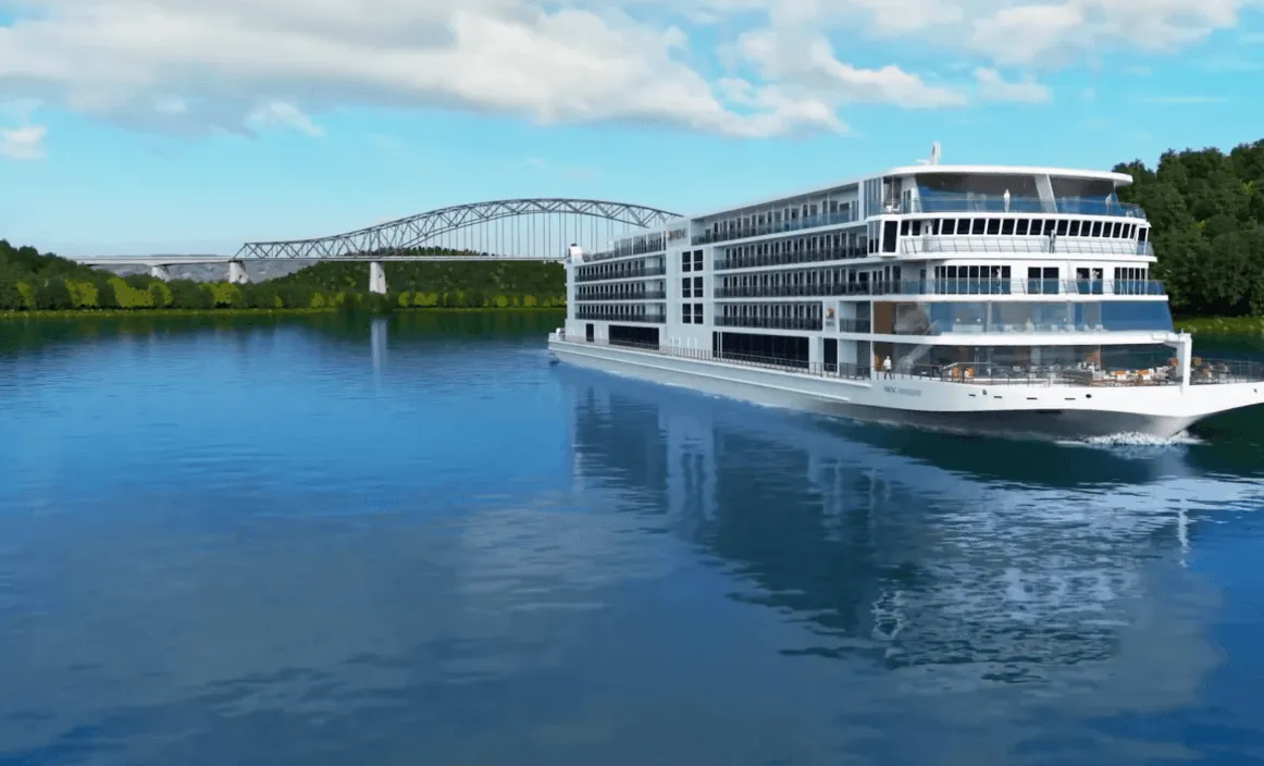 White viking river ship cruising down the river