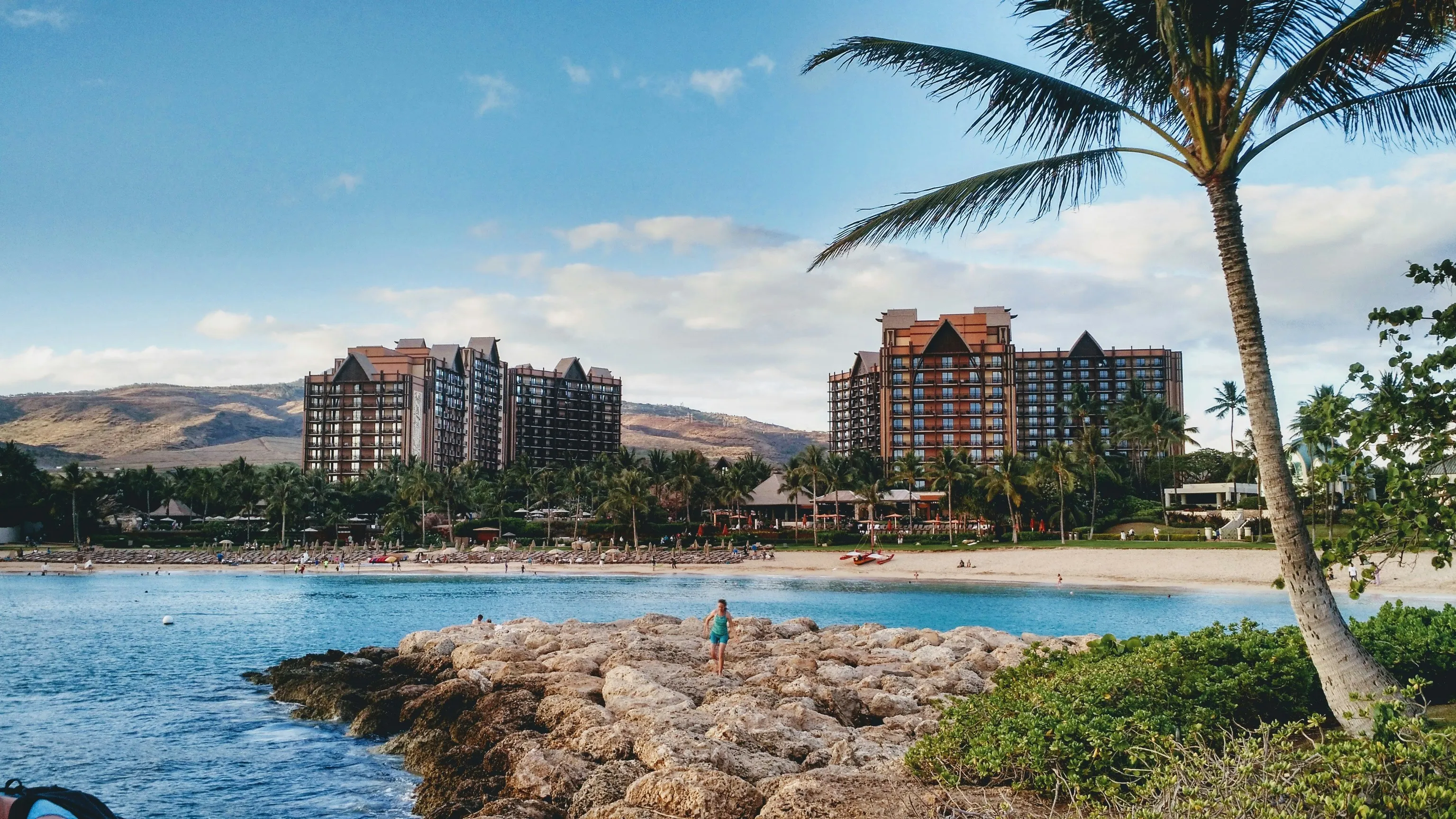 view of two resorts on the shore lined with palm trees from offshore
