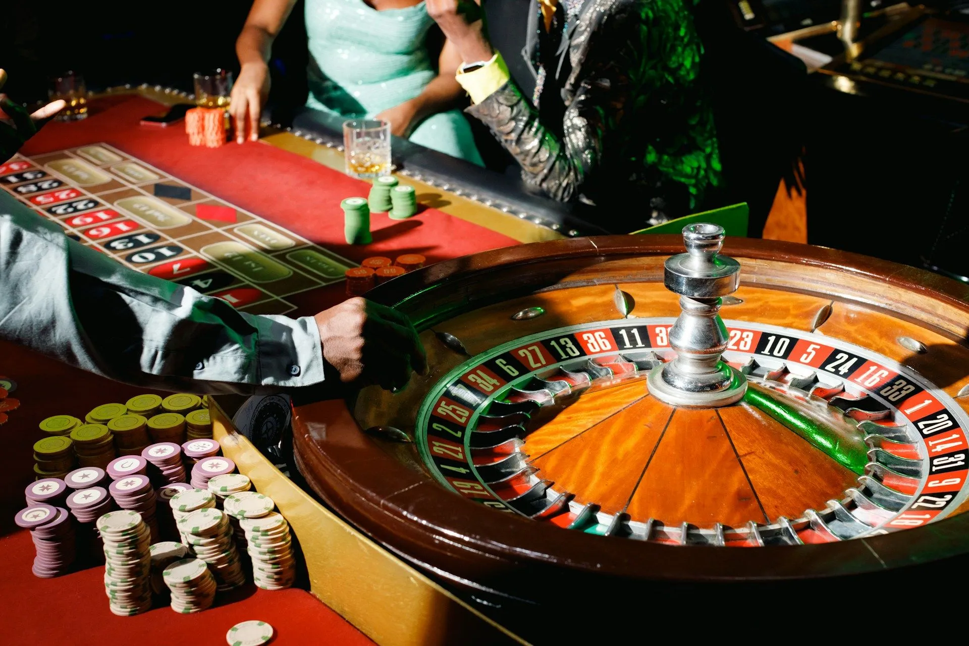 Roulette wheel and chips on a casino table in Las Vegas.