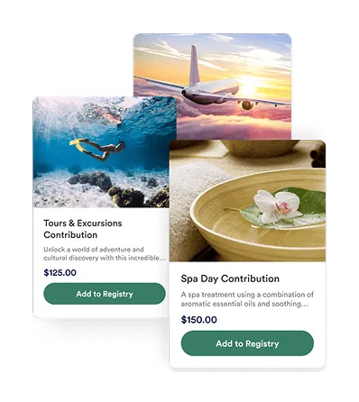 Sample registry cards for tours, flights, and spa day contributions
