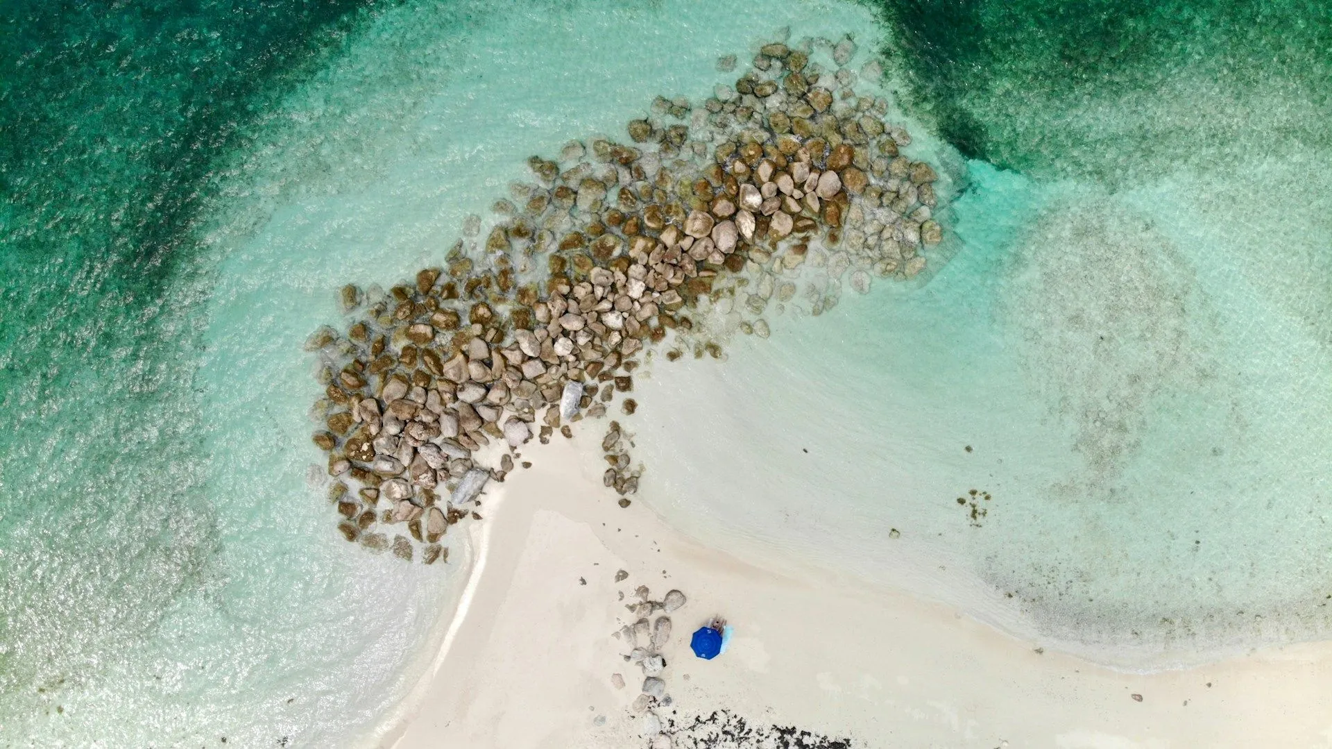 Aerial view of a white-sand beach and turquoise water in Turks and Caicos.