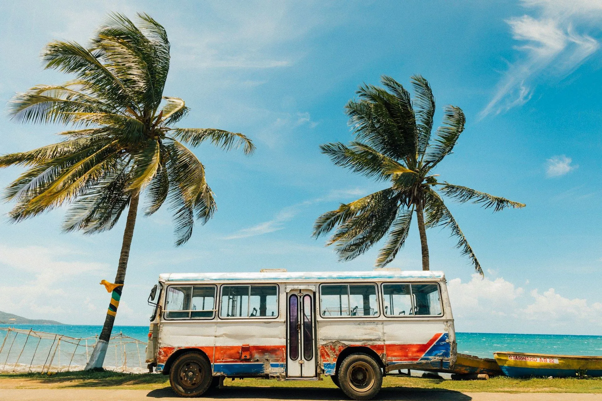 Vintage bus parked on grass beneath palm trees beside a turquoise ocean.