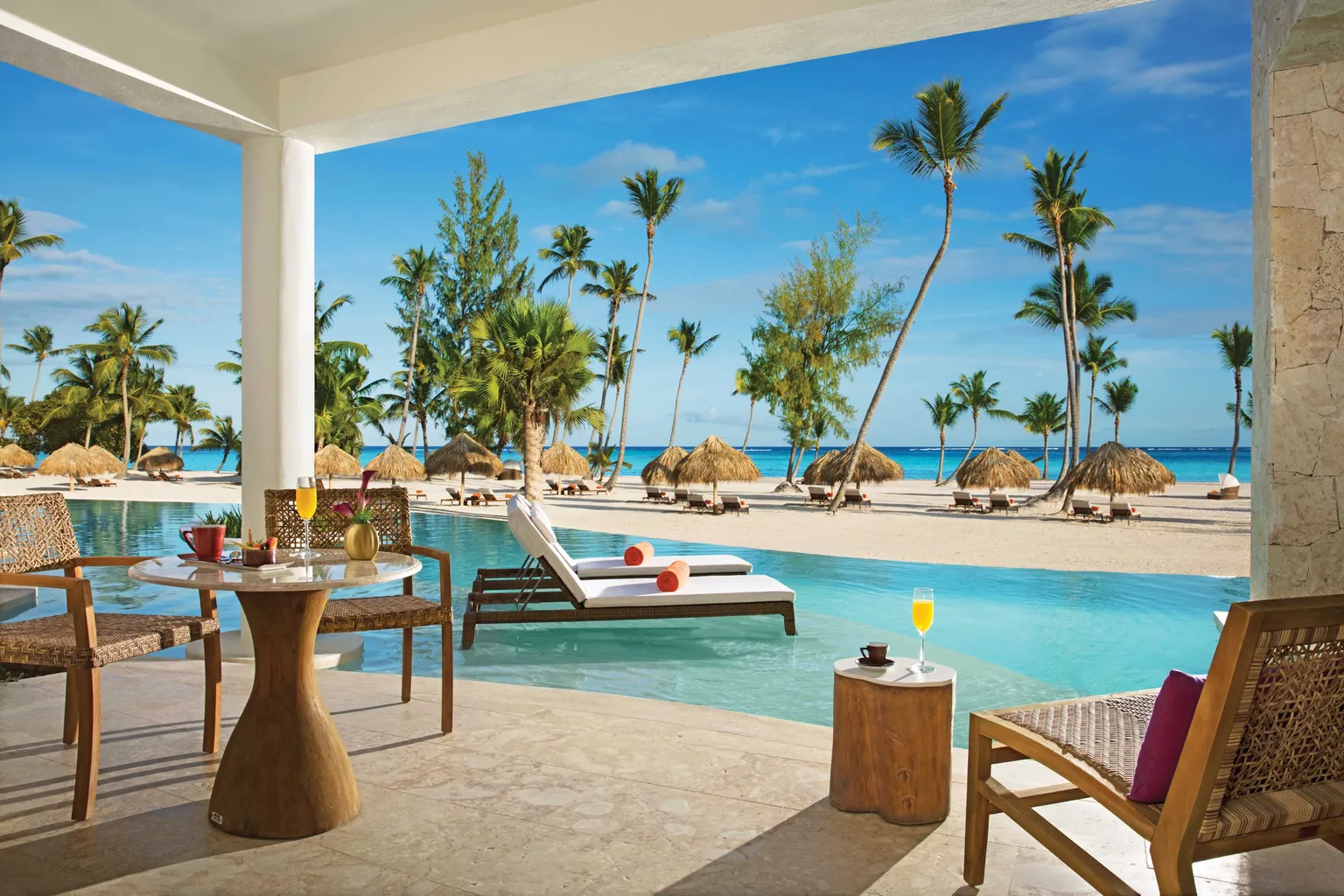Swim up suite terrace with private pool and ocean view at Secrets Cap Cana.