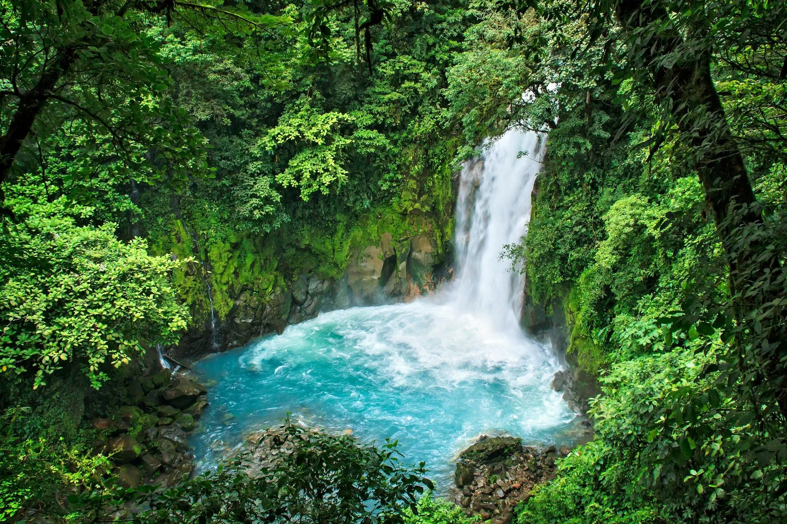 Turquoise waterfall in lush Costa Rica rainforest.